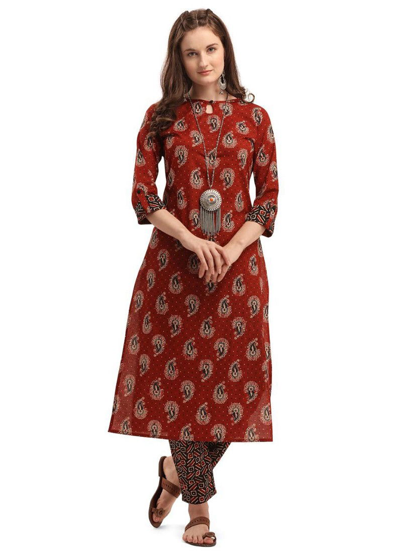 Red Colour Fancy Designer Ethnic Regular Wear Cotton Printed Kurti And Palzzo Stylish Latest Collection 153